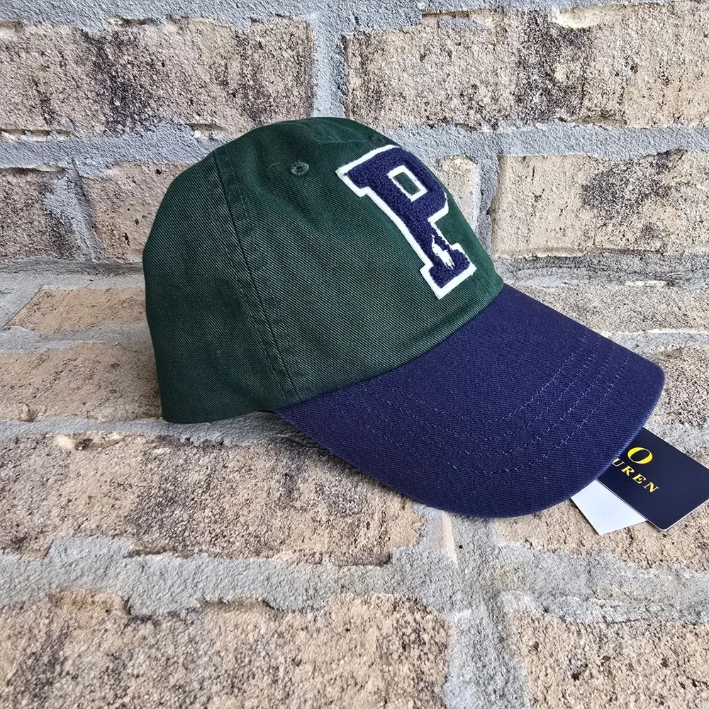 Polo Ralph Lauren Mens Green Navy Blue Chenille P Patch Baseball Cap Hat NEW